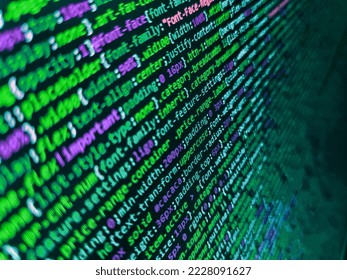 Script procedure creating. SEO optimization. Software technology background showing programming source code on computer screen. Javascript functions, variables, objects. Php coding Close-Up