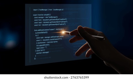 Script programming for task manager user interface, handling form submission, input validation, task list rendering, and exception alerts with dynamic DOM interaction Latch