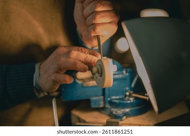 A scroll is being chiseled by a luthier in Cremona, Italy. Lit by a desk lamp, his hands guide the tool delicately on the spiral wood shape, secured by a blue vise on an artisan workbench. - Powered by Shutterstock - Get 15% off with code: PIKWIZARD15