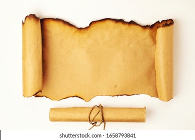 Scroll of burnt edges old paper horizontal isolated on white background