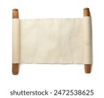 Scroll of old parchment paper with wooden handles isolated on white, top view