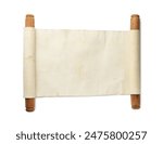 Scroll of old parchment paper with wooden handles isolated on white, top view