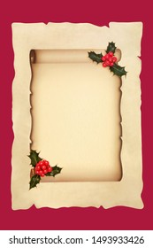 Scroll On Parchment Paper With Holly Berry Leaf Sprig On Red Background. Old Fashioned Document Style For A Winter Or Christmas Theme.