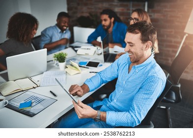 Scroll, tablet and happy business man in meeting for planning social media campaign in startup. Worker, creative or digital technology for reading engagement performance metrics, kpi or research data - Powered by Shutterstock