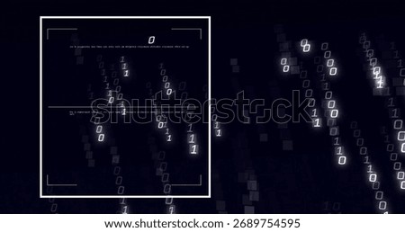 Scrolling binary digits in white viewfinder overlay on dashboard, with pseudo-code text, copy space. Technology, cybersecurity, data analysis, futuristic, digital interface, high-tech