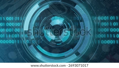 Scrolling binary streams on digital screen, rotating HUD rings, radial arcs and circuit traces. Technology, innovation, cyber, futuristic, data, security, interface