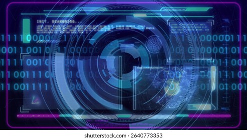 Scrolling concentric ring interface over futuristic panel, with binary digits and neon frame. Futuristic, digital, innovation, technology, interface, neon, hologram