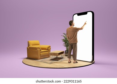 Scrolling mobile screen. Photo and 3d illustration of man standing next to huge 3d model of smartphone with empty white screen isolated on lilac background. Mockup for ad, text, design, logo - Shutterstock ID 2229311165