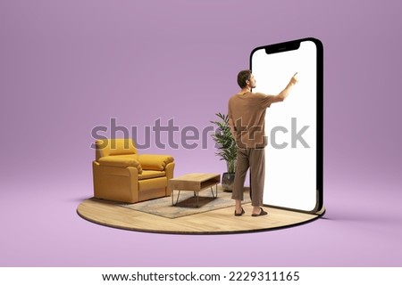 Scrolling mobile screen. Photo and 3d illustration of man standing next to huge 3d model of smartphone with empty white screen isolated on lilac background. Mockup for ad, text, design, logo