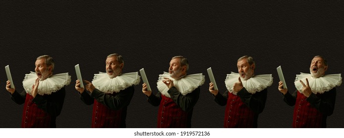 Scrolling Tablet, Videocalling, Taking Selfie. Medieval Man As A Royalty Person On Dark Background. Concept Of Comparison Of Eras, Modernity And Renaissance, Baroque Style. Creative Collage. Flyer