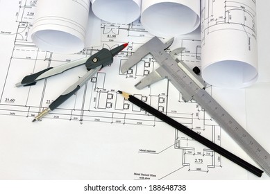 Scrolls architectural drawings and tools of the architect. Desk architect - Shutterstock ID 188648738