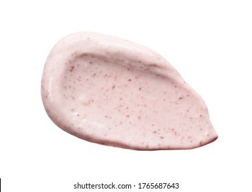 Scrub Isolated On White Background. Pink Exfoliation Cream Smear Smudge Sample. Peeling Scrubbing Face Or Body Skincare Product Swatch