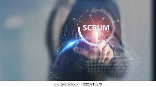 SCRUM, agile development methodology concept. Task sprint teamwork methodology. Adaptable, fast, flexible and effective agile framework. Scrum roles, product owner, scrum master and scrum team. - Shutterstock ID 2228918579
