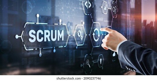 SCRUM. Hand presses the inscription scrum on a virtual panel. Agile development methodology - Shutterstock ID 2090237746