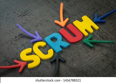 Scrum master method for agile software development concept, multi color arrows pointing to the word Scrum at the center of black cement chalkboard wall, allows a team to make changes quickly. - Shutterstock ID 1456788521