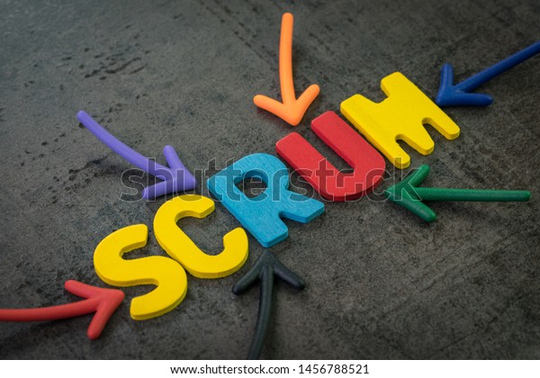 Scrum master method for agile software\
development concept, multi color arrows pointing to the word Scrum\
at the center of black cement chalkboard wall, allows a team to\
make changes quickly.