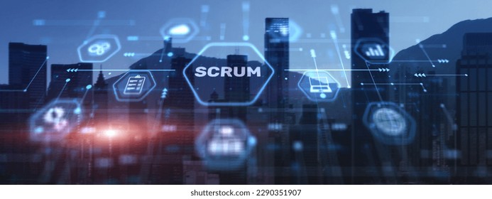Scrum process software development outline concept. City background - Shutterstock ID 2290351907
