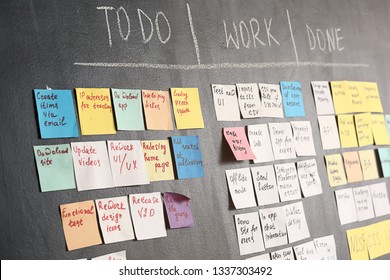 Scrum task board on dark wall in office - Shutterstock ID 1337303492