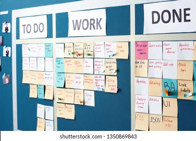 Scrum task board with stickers on wall in office - Shutterstock ID 1350869843