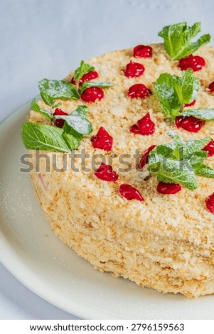 A scrumptious cake sits on a pristine plate, topped with vibrant cherries and fresh mint leaves.