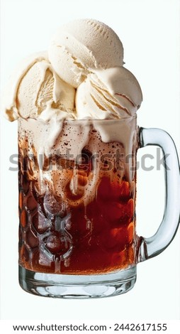 A scrumptious root-beer float with vanilla ice cream , beautifully captured in a large glass mug. The ice cream is at the bottom of the mug along with the root-beer The combination of the two creates 