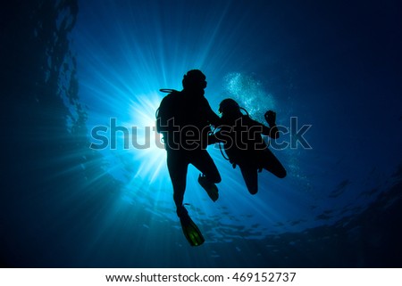 Similar – Two persons in their back with scuba diving equipment exploring the ocean floor.