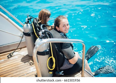 Scuba Diver Before Diving. Diving Lesson In Open Water.