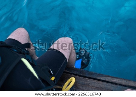 Scuba diver before diving. Diving lesson in open water.