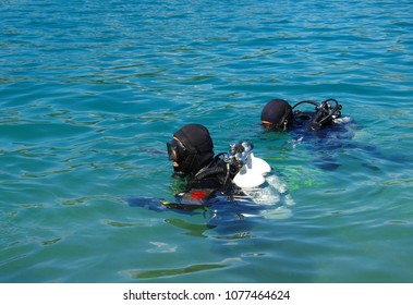 Scuba Diver Before Diving In Open Water.