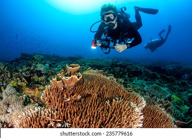 SCUBA diver with a camera swims over a colorful tropical coral reef