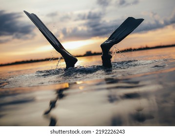 Buceador Scuba sumergido en el mar con sus aletas por encima del agua. Hombre buceando al atardecer.