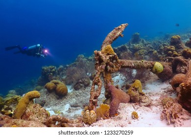 Scuba Diver Exploring Coral Reef With Old Anchor. Diver With Flashlight And Underwater Camera On The Coral Reef With Anchor And Chain. Underwater Photography From The Scuba Diving Exploration.