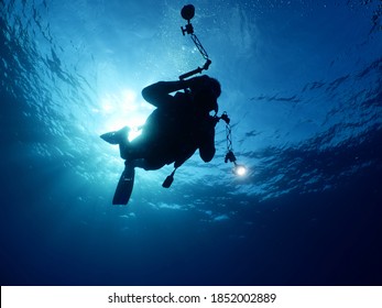scuba diver photographer underwater taking photos blue ocean scenery of scubadiver with  hobby