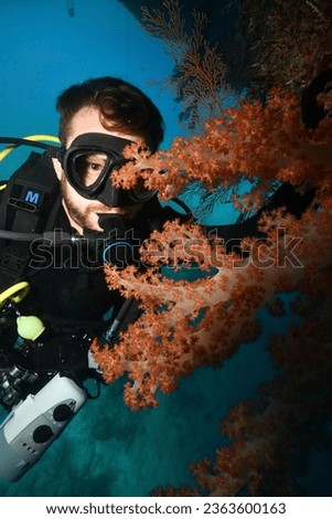 scuba diver pose close to a coral