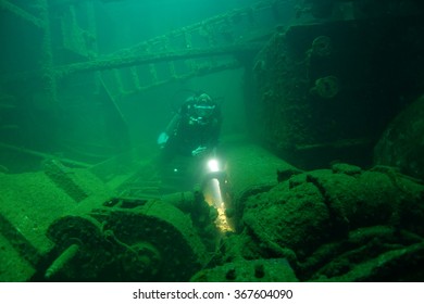 Scuba Diver In A Ship's Wreck