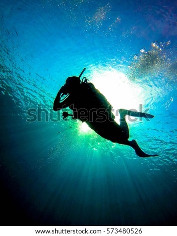 Similar – Man in his back with scuba diving equipment exploring the ocean floor.