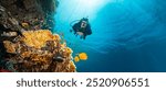 Scuba Diver Swimming in Deep Sea with Sunrays and Beautiful Coral Reef with Colorful Fishes