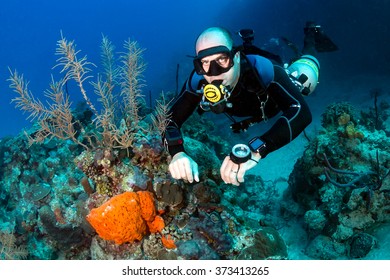 SCUBA diver in a technical sidemount cofiguration on a tropical coral reef