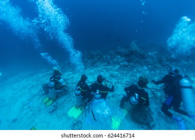 Scuba Divers Waiting Thresher Shark Show Up Around Malapascua Island