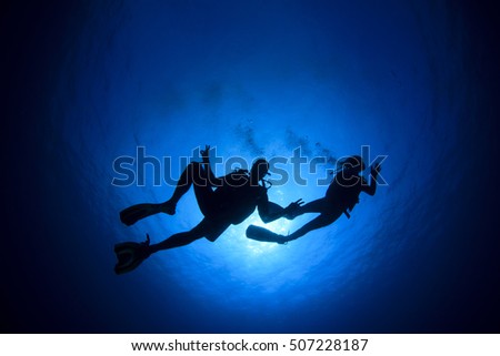 Similar – Two persons in their back with scuba diving equipment exploring the ocean floor.