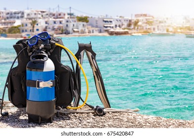 Scuba Diving Equipment On A Island In The Cyclades Of Greece