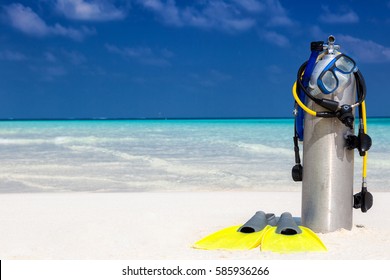 Scuba Diving Equipment On A Tropical Beach