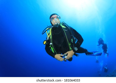 Scuba Diving Instructor Leads A Group In The Ocean