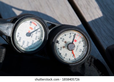 Scuba Diving Pressure And Depth Gauge Close Up.