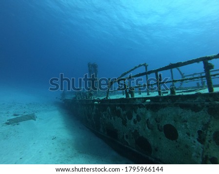 Scuba diving a shipwreck in the deep blue sea. 
