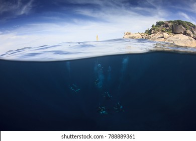 Scuba Diving Underwater Half And Half Split Photo