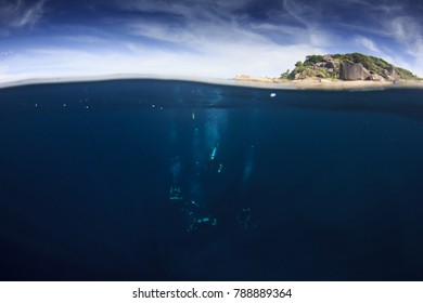 Scuba Diving Underwater Half And Half Split Photo