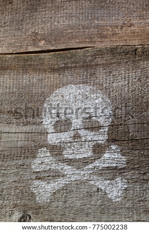Scull  with crossbones made from different substanc?  on old the wood table.