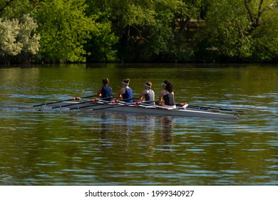 Scullers Sculling To Propel Their Long Narrow Boats Through The Water On A Lake Surrounded By Thick Vegetation And Green Trees. Some Crews Are Using Two Oars And Other Individuals Are Using One Oar