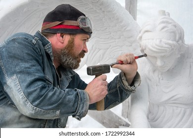 Sculptor At Work .  Stone Carving.